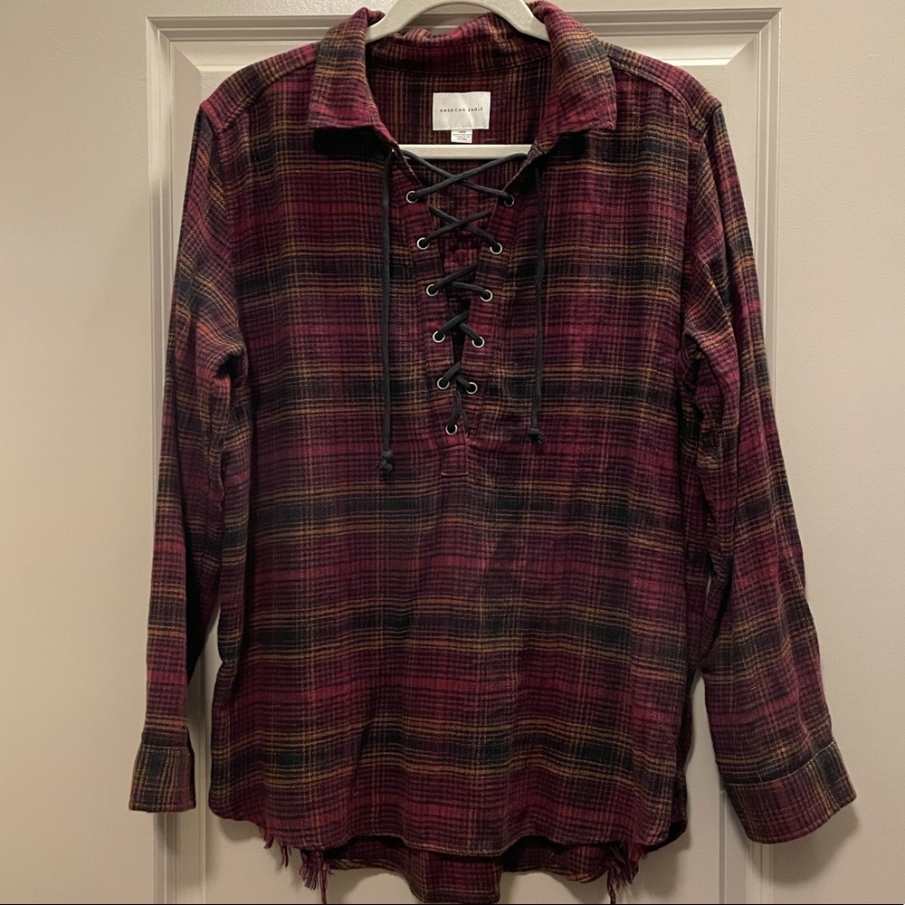 Lace Up Plaid Blouse